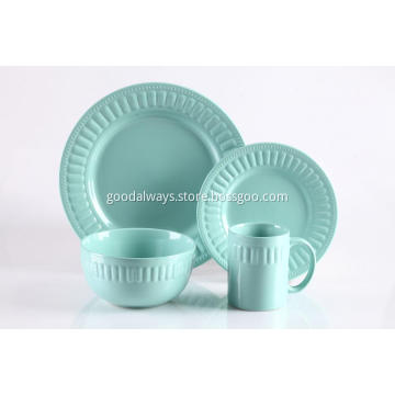 16 Pieces Embossed Stoneware Dinnerware Set Blue